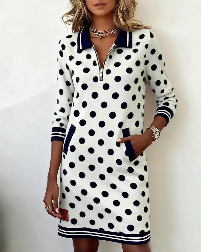 Casual Contrast Polka Dot Pocket Dress