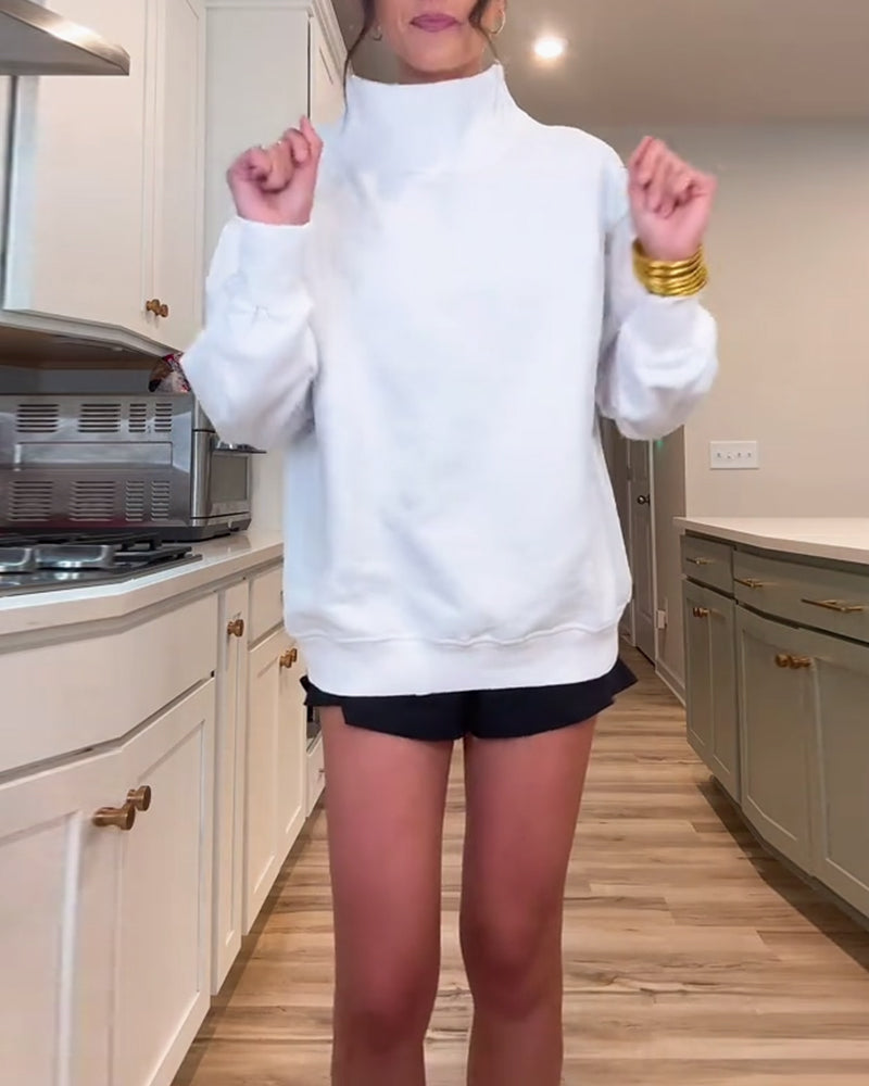 Casual High-Neck Solid Color Sweatshirt