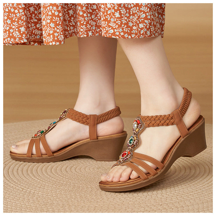 Bohemian Rhinestones Wedge Heel Sandals