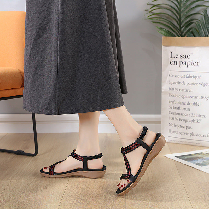 Comfortable Beaded Flat Sandals With Elastic Ankle Strap