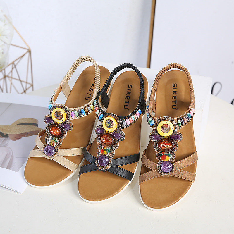 Open Toe Beaded Colorful Flat Sandals