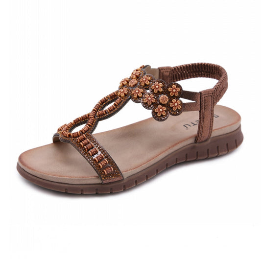Retro Soft Sole Sandals With Beaded Rhinestones