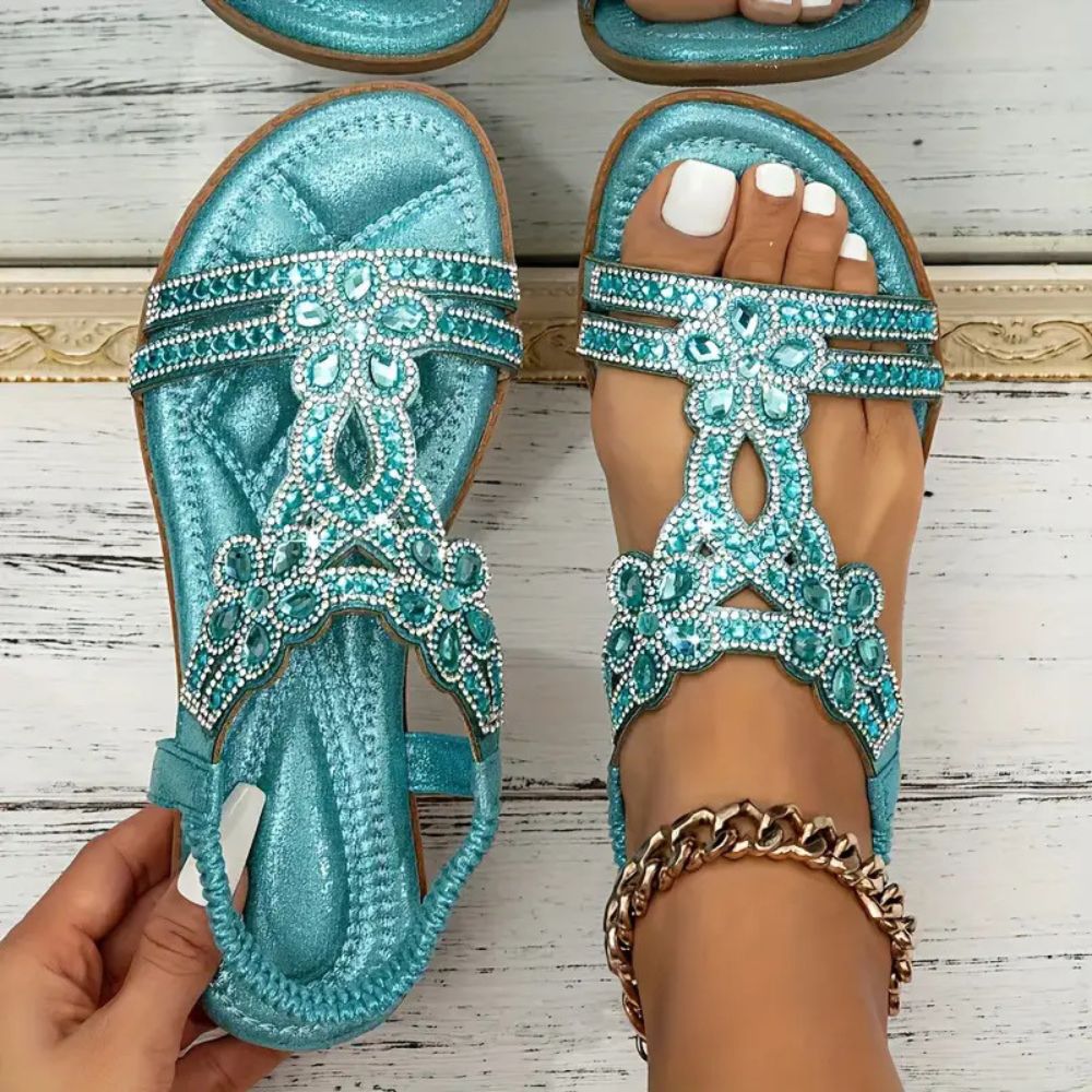 Light blue Sparkly Rhinestones Bohemian Flat Sandals
