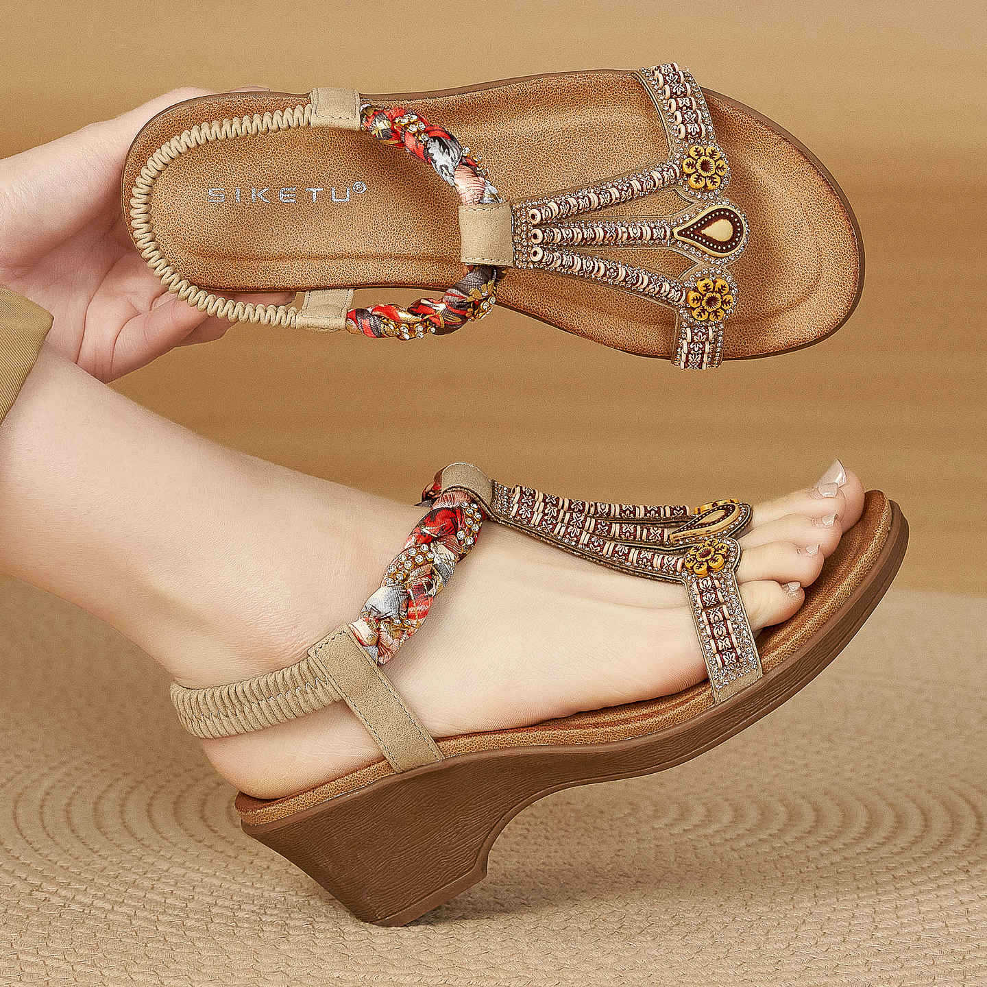 Women's Wedge Boho Sandals With Beads