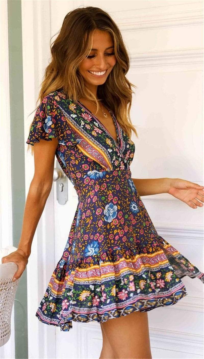 Blue Boho Floral Print Mini Dress