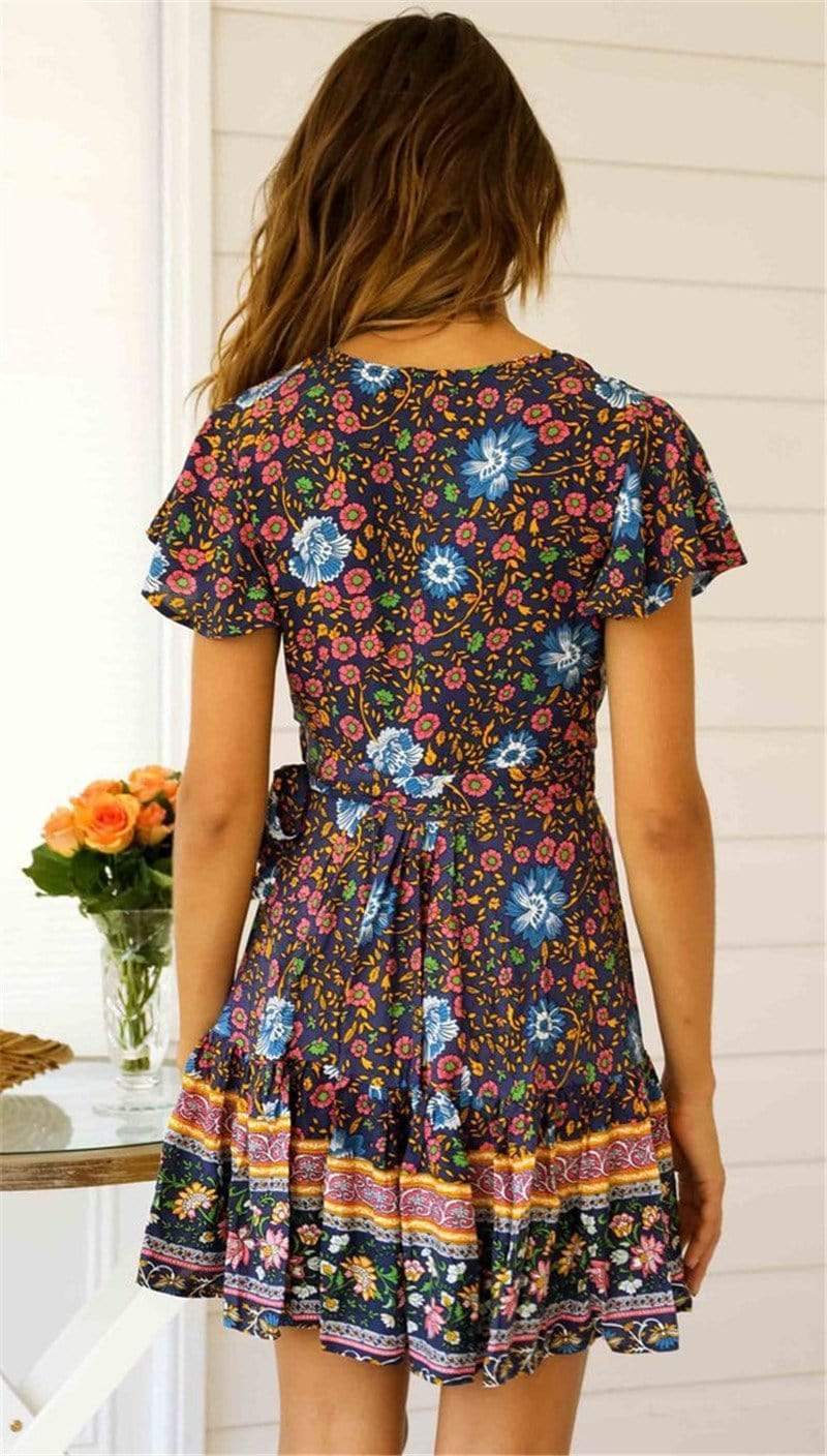 Blue Boho Floral Print Mini Dress